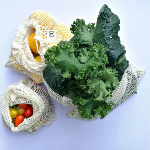 Organikus pamut hálós zsák gyümölcs vagy zöldség vásárláshoz – 3 különböző méretű zsák