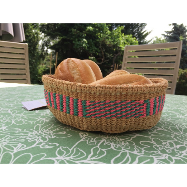 Wicker bread basket made of natural material, round, pink-turquoise  pattern
