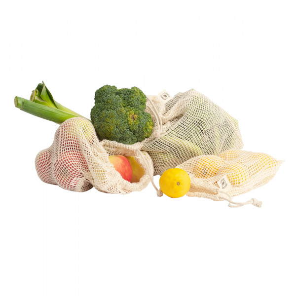 Organikus pamut hálós zsák gyümölcs vagy zöldség vásárláshoz – 3 különböző méretű zsák